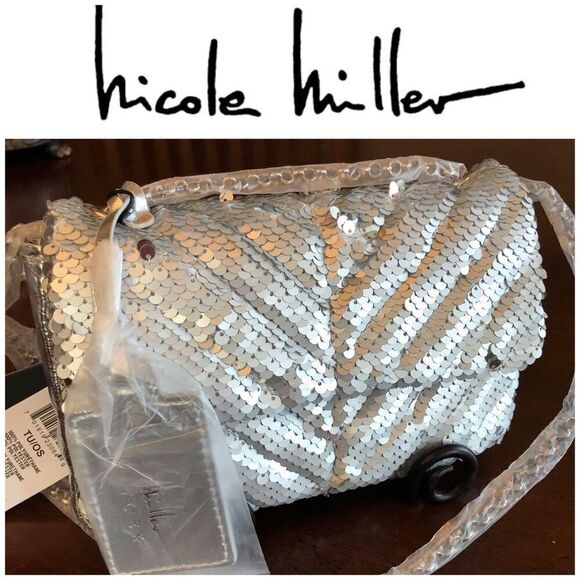 NICOLE MILLER - NWT - Silver Sequined & Vegan Leather Evening Bag. SPARKLY! ♥️ - Picture 1 of 16